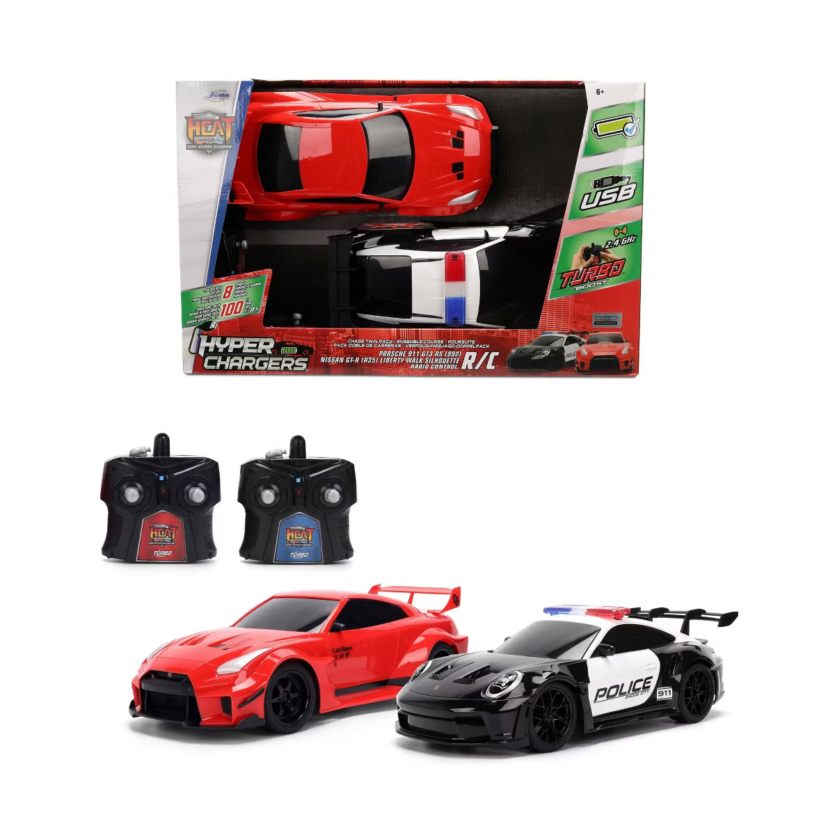 HyperChargers Heat Chase Twin Pack R/C Cars, Nissan GT-R (R35) Liberty Walk & Porsche 911 GT3 RS Police 1:24 Scale Remote Control Vehicles