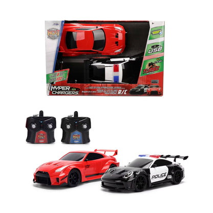 HyperChargers Heat Chase Twin Pack R/C Cars, Nissan GT-R (R35) Liberty Walk & Porsche 911 GT3 RS Police 1:24 Scale Remote Control Vehicles