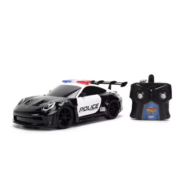 HyperChargers Heat Chase Twin Pack R/C Cars, Nissan GT-R (R35) Liberty Walk & Porsche 911 GT3 RS Police 1:24 Scale Remote Control Vehicles