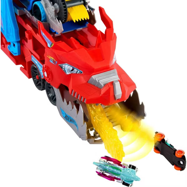 Hot Wheels City Ultimate Dual Dragon Transporter Playset with 2 Dragons and 2 Toy Cars, Transforming Launcher and Storage Carrier Toy