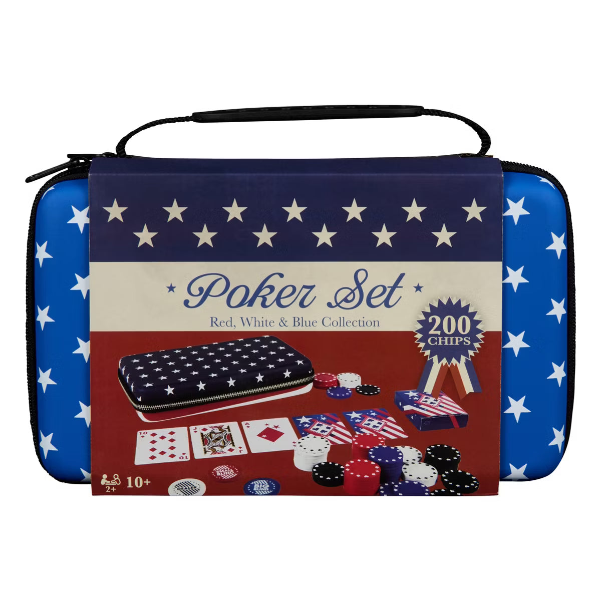 Classic Poker Set Red, White & Blue Collection, 200-Chip Travel Poker Game with Patriotic Stars Zippered Hard Case, Playing Cards & Dealer Buttons, Ages 10+