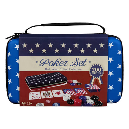 Classic Poker Set Red, White & Blue Collection, 200-Chip Travel Poker Game with Patriotic Stars Zippered Hard Case, Playing Cards & Dealer Buttons, Ages 10+