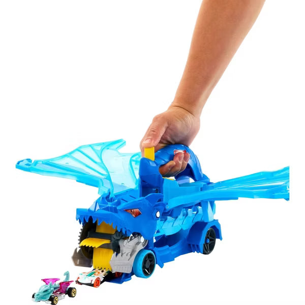 Hot Wheels City Ultimate Dual Dragon Transporter Playset with 2 Dragons and 2 Toy Cars, Transforming Launcher and Storage Carrier Toy