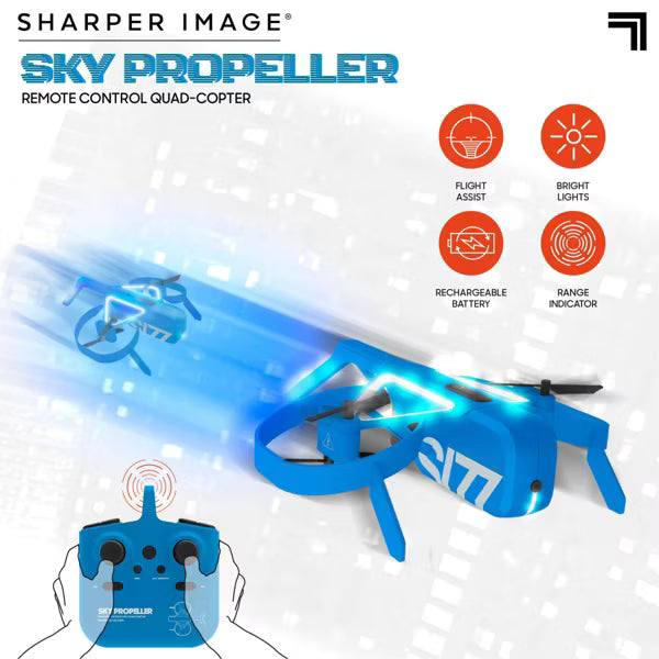 Sharper Image Sky Propeller Remote Control Quadcopter Drone, Rechargeable RC Airplane with Flight Assist, LED Lights & Blade Guards, Blue, Ages 14+