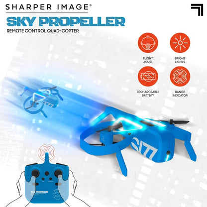 Sharper Image Sky Propeller Remote Control Quadcopter Drone, Rechargeable RC Airplane with Flight Assist, LED Lights & Blade Guards, Blue, Ages 14+