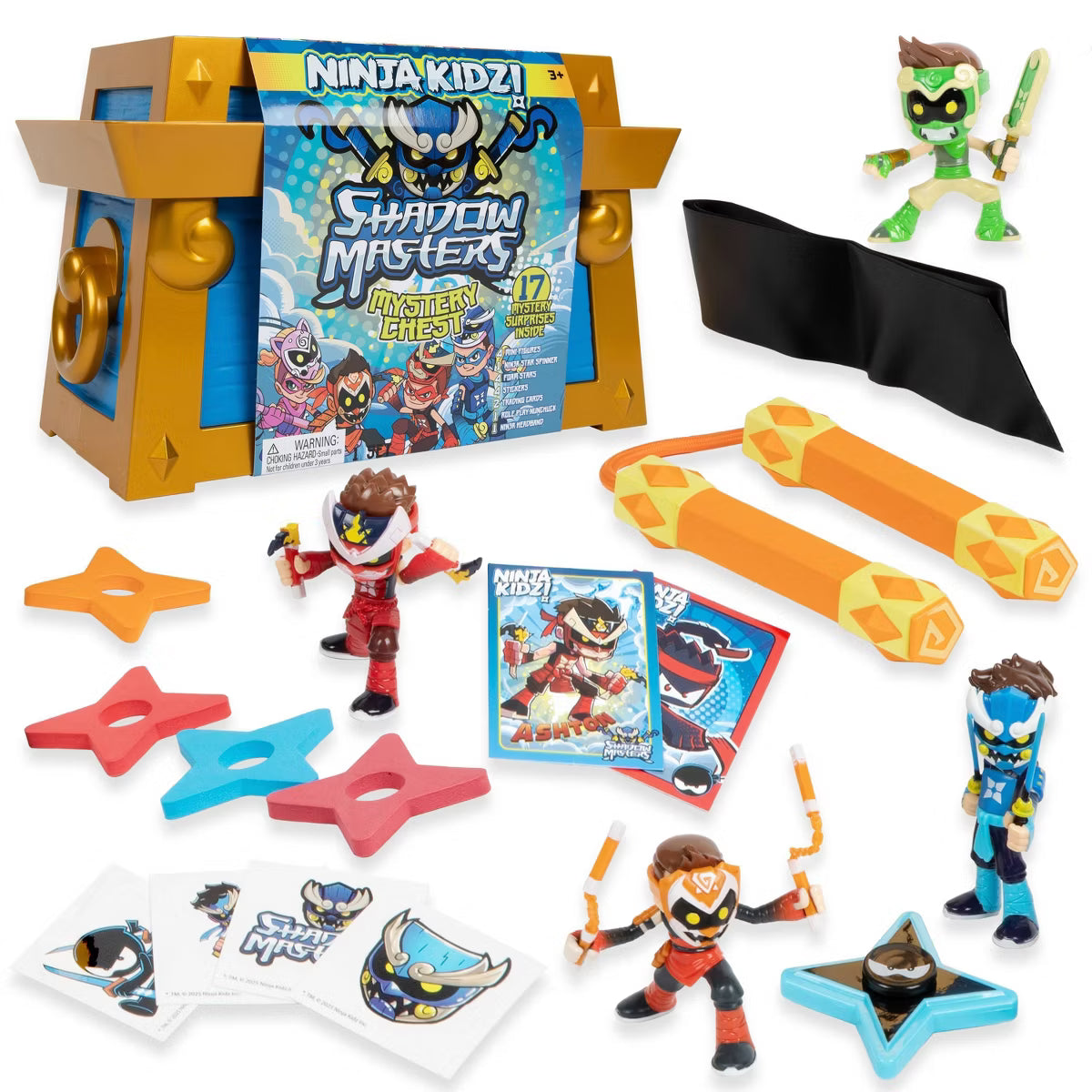 Ninja Kidz Shadow Masters Mystery Chest, 17 Mystery Surprises with Collectible Mini Figures, Nunchuck, Headband & Foam Stars, Ages 3+