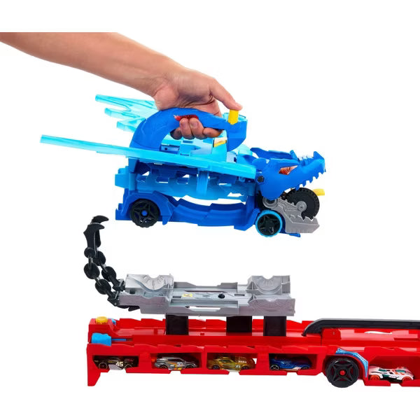 Hot Wheels City Ultimate Dual Dragon Transporter Playset with 2 Dragons and 2 Toy Cars, Transforming Launcher and Storage Carrier Toy