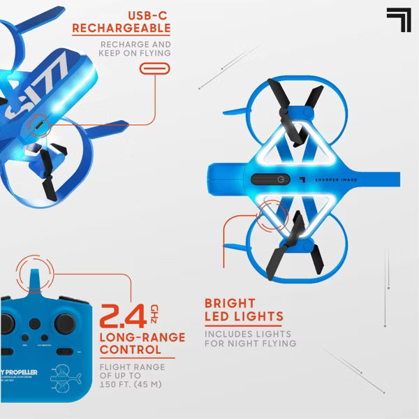 Sharper Image Sky Propeller Remote Control Quadcopter Drone, Rechargeable RC Airplane with Flight Assist, LED Lights & Blade Guards, Blue, Ages 14+
