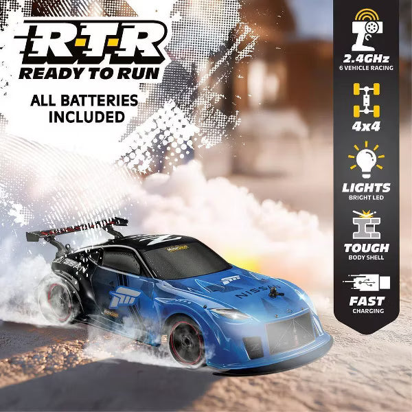 MotorDayz Nissan Remote Control Car Blue and Black Racing Style RC Car with Pistol Grip Controller and Rear Spoiler for Kids