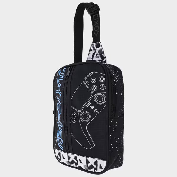 PlayStation PS5 DualSense Controller Sling Backpack, Official Sony Japanese Katakana Crossbody Travel Bag, Black, White and Neon Blue