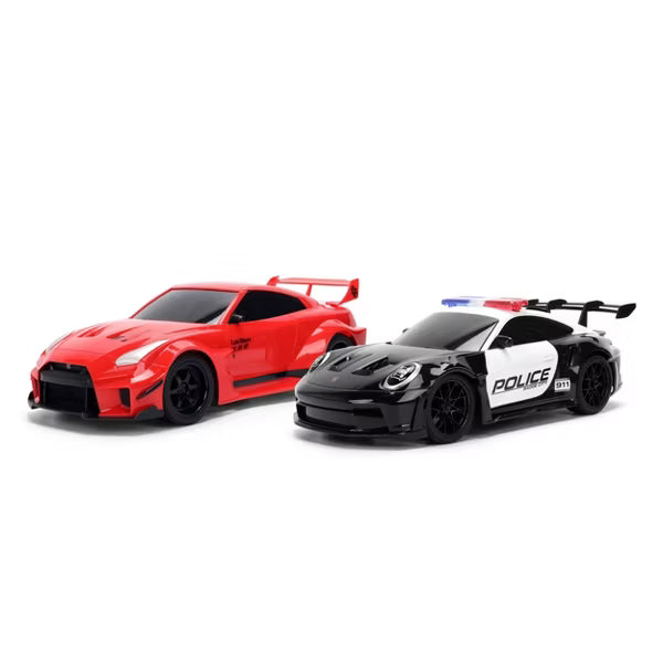 HyperChargers Heat Chase Twin Pack R/C Cars, Nissan GT-R (R35) Liberty Walk & Porsche 911 GT3 RS Police 1:24 Scale Remote Control Vehicles