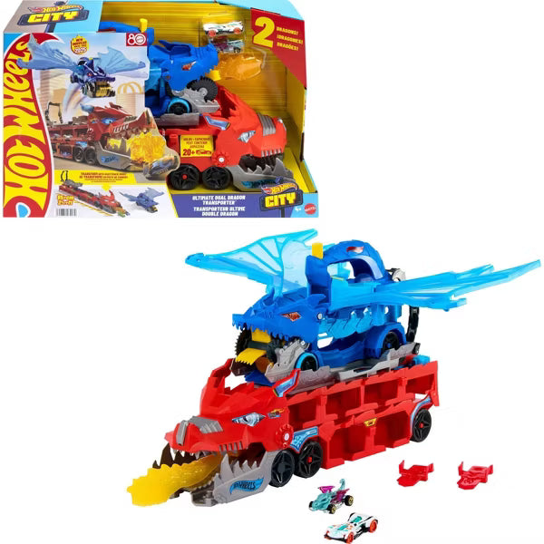 Hot Wheels City Ultimate Dual Dragon Transporter Playset with 2 Dragons and 2 Toy Cars, Transforming Launcher and Storage Carrier Toy