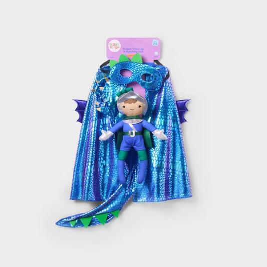Gigglescape Dragon Dress-Up Costume & Matching Knight Plush Doll Set, 4-Piece Pretend Play Wings, Mask & Toy, Ages 3-6