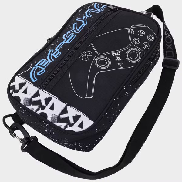 PlayStation PS5 DualSense Controller Sling Backpack, Official Sony Japanese Katakana Crossbody Travel Bag, Black, White and Neon Blue