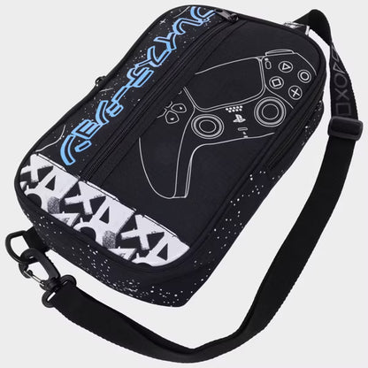 PlayStation PS5 DualSense Controller Sling Backpack, Official Sony Japanese Katakana Crossbody Travel Bag, Black, White and Neon Blue