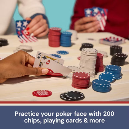 Classic Poker Set Red, White & Blue Collection, 200-Chip Travel Poker Game with Patriotic Stars Zippered Hard Case, Playing Cards & Dealer Buttons, Ages 10+