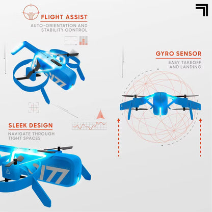 Sharper Image Sky Propeller Remote Control Quadcopter Drone, Rechargeable RC Airplane with Flight Assist, LED Lights & Blade Guards, Blue, Ages 14+