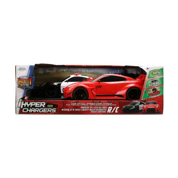 HyperChargers Heat Chase Twin Pack R/C Cars, Nissan GT-R (R35) Liberty Walk & Porsche 911 GT3 RS Police 1:24 Scale Remote Control Vehicles