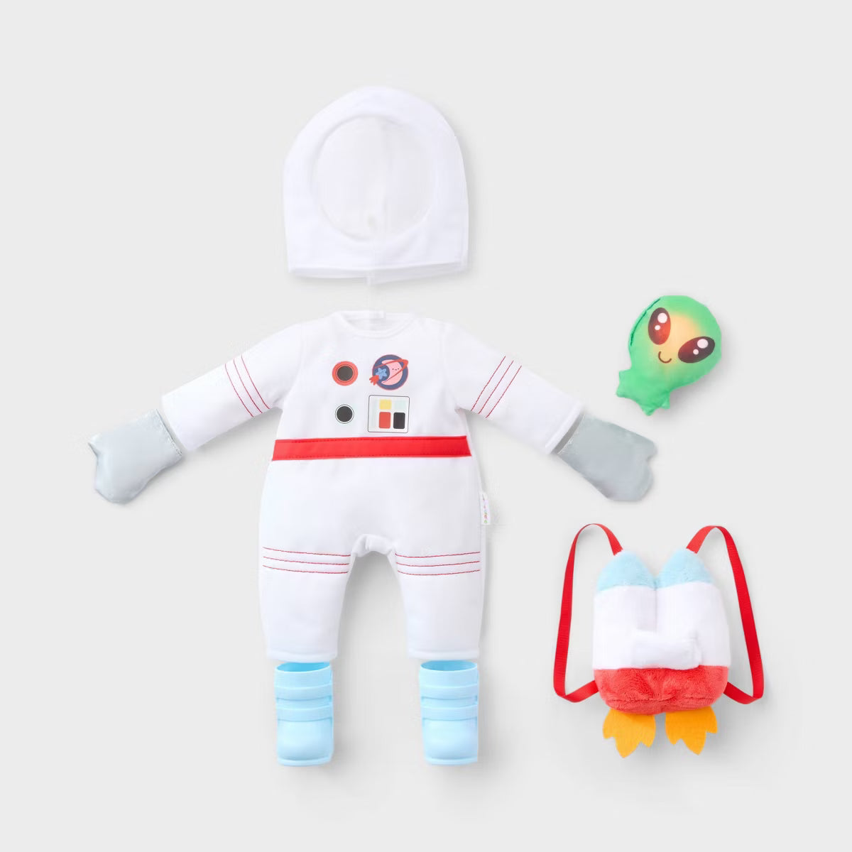Gigglescape 14" Baby Doll Astronaut Costume Outfit, 8-Piece Space Suit Dress-Up Set with Boots, Gloves & Plush Alien, Fits 14-Inch Dolls, Ages 3+