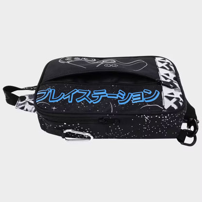 PlayStation PS5 DualSense Controller Sling Backpack, Official Sony Japanese Katakana Crossbody Travel Bag, Black, White and Neon Blue