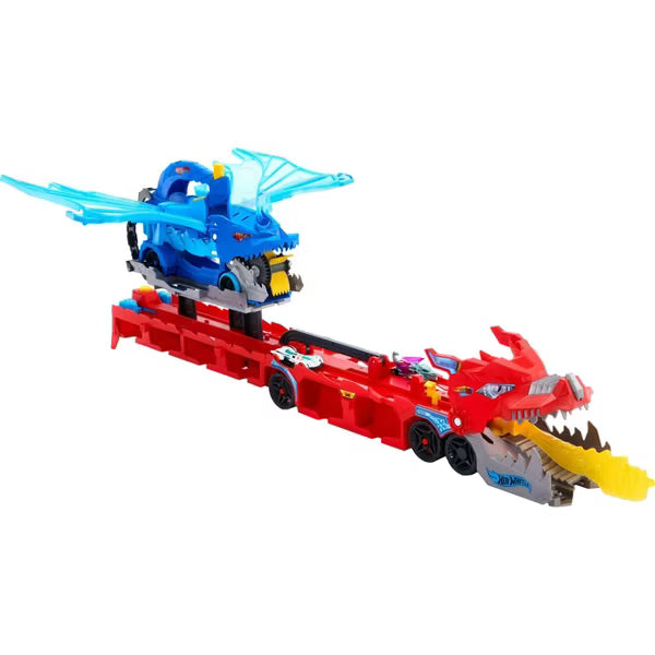 Hot Wheels City Ultimate Dual Dragon Transporter Playset with 2 Dragons and 2 Toy Cars, Transforming Launcher and Storage Carrier Toy