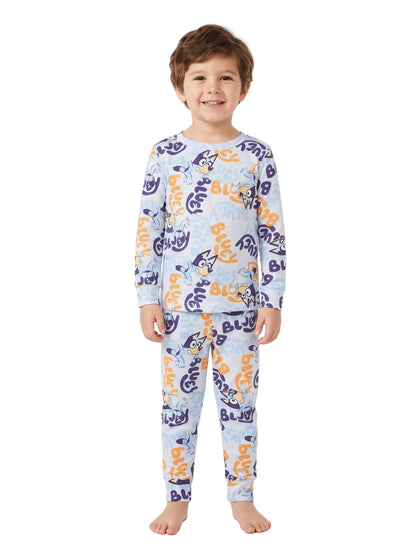 Bluey Unisex Toddler Pajama Set, 2-Piece Long Sleeve Top and Pants, Blue All-Over Character Print, Unisex Sleepwear, Sizes 12M-4T