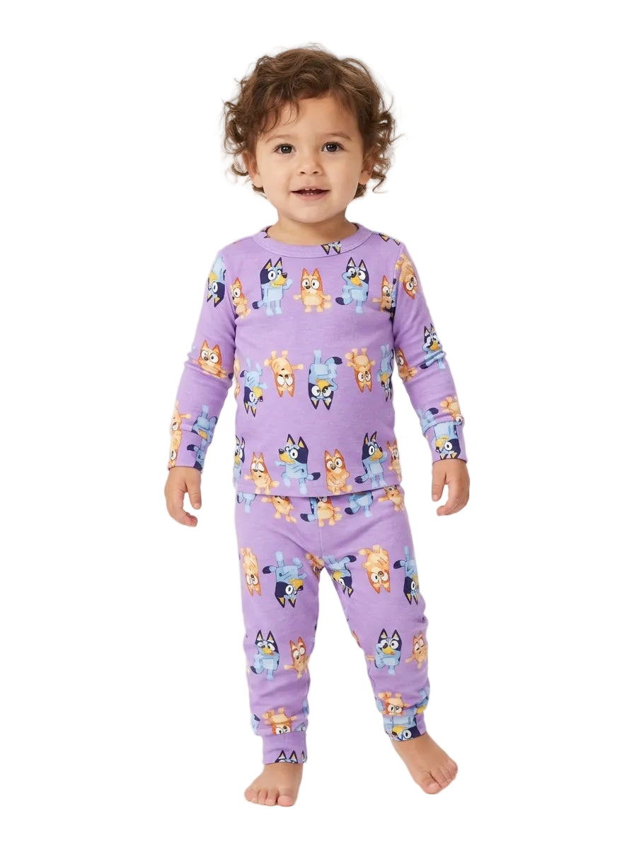 Bluey Toddler Long Sleeve Pajama Set Purple with Bluey and Bingo Print, Top and Jogger Pants with Cuffed Ankles, Sizes 12-24 Months