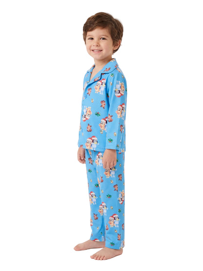 Bluey Kids Christmas Pajama Set Long Sleeve Button-Front Top and Elastic Waist Pants Blue Holiday Print Sleepwear Sizes 4-10