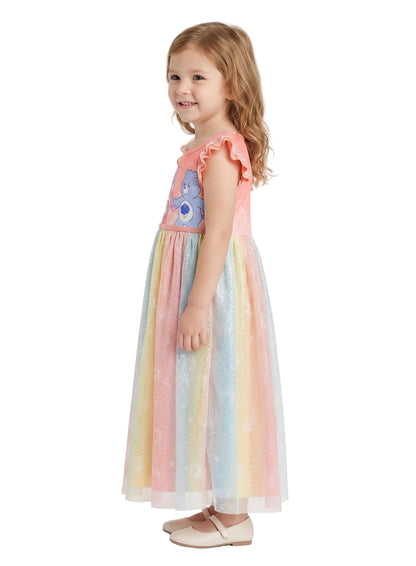Care Bears Girls Nightgown with Rainbow Tulle Skirt and Flutter Sleeves, Coral Pink Sleepwear for Kids, Sizes 2T- 10