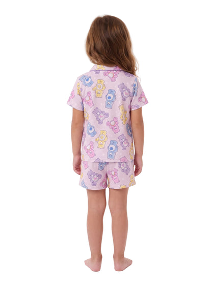 Care Bears Toddler Girls 2-Piece Pajama Set, Short Sleeve Button-Front Top and Shorts, Pink Lavender Character Print, Sleepwear, Sizes 2T-4T