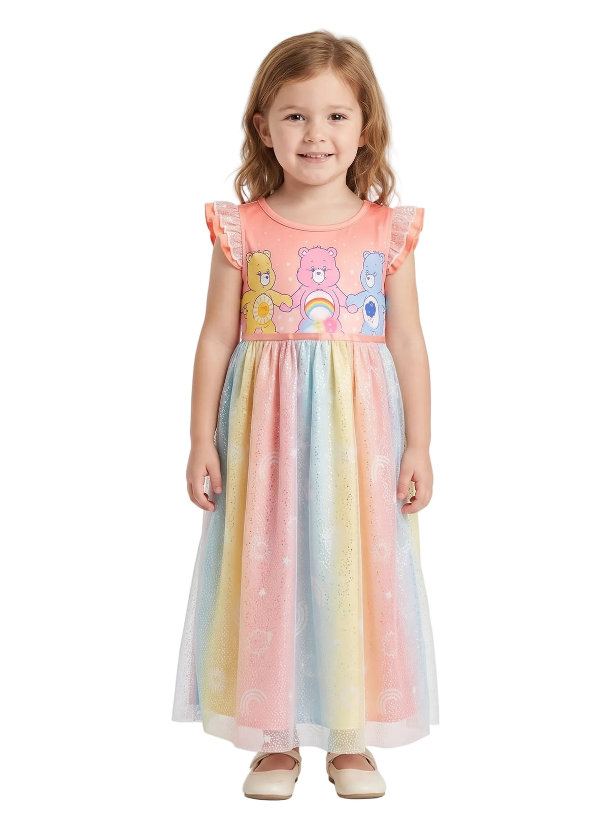 Care Bears Girls Nightgown with Rainbow Tulle Skirt and Flutter Sleeves, Coral Pink Sleepwear for Kids, Sizes 2T- 10
