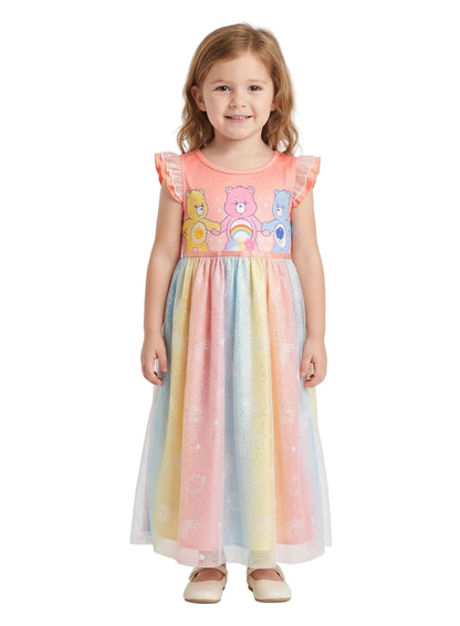 Care Bears Girls Nightgown with Rainbow Tulle Skirt and Flutter Sleeves, Coral Pink Sleepwear for Kids, Sizes 2T- 10