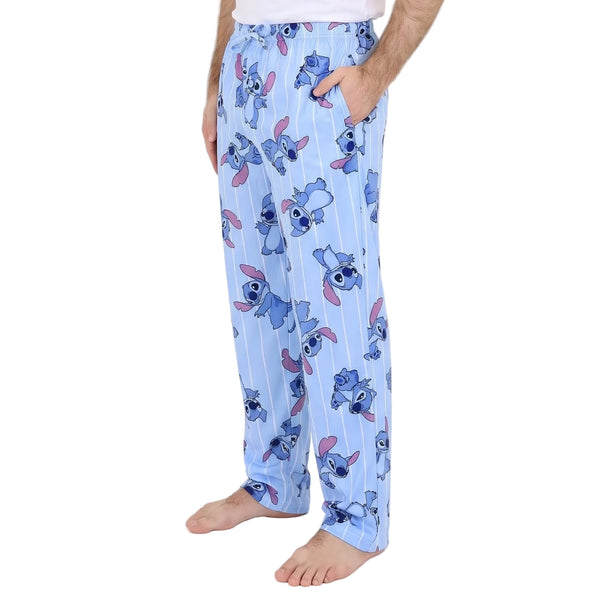 Disney Stitch Unisex Pajama Pants Light Blue Pinstripe Print Elastic Drawstring Waist Lounge Pants Adult Sizes S to XL Men and Women