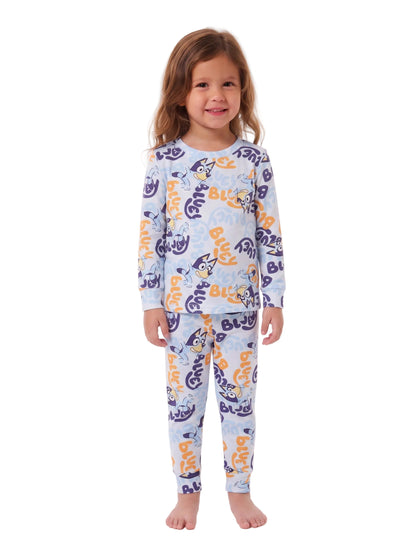 Bluey Unisex Toddler Pajama Set, 2-Piece Long Sleeve Top and Pants, Blue All-Over Character Print, Unisex Sleepwear, Sizes 12M-4T