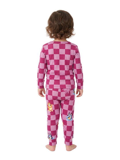 Bluey Toddler Girls Long Sleeve Pajama Set with Bluey and Bingo Pink Checkerboard Print, 2-Piece Top and Pants, Size 2T
