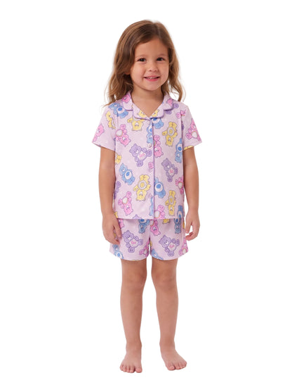 Care Bears Toddler Girls 2-Piece Pajama Set, Short Sleeve Button-Front Top and Shorts, Pink Lavender Character Print, Sleepwear, Sizes 2T-4T