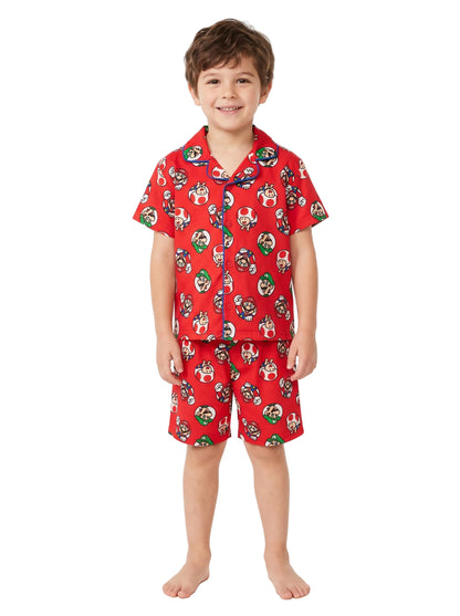 Super Mario Boys 2-Piece Short Sleeve Button-Front Pajama Set with Mario, Luigi and Toad Print, Red and Blue, Sizes 4-10
