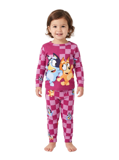 Bluey Toddler Girls Long Sleeve Pajama Set with Bluey and Bingo Pink Checkerboard Print, 2-Piece Top and Pants, Size 2T