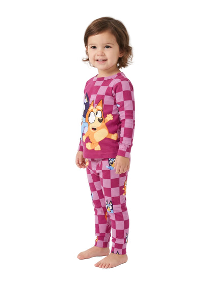 Bluey Toddler Girls Long Sleeve Pajama Set with Bluey and Bingo Pink Checkerboard Print, 2-Piece Top and Pants, Size 2T