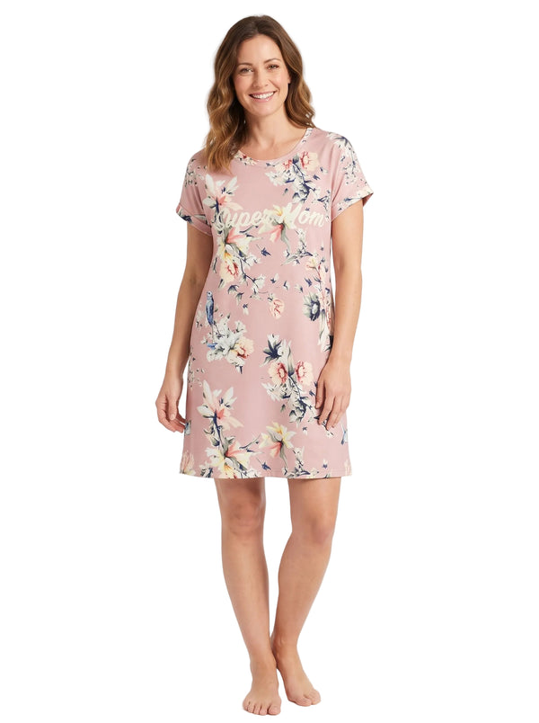 Dearfoams Women's Super Mom Floral Short Sleeve Sleep Shirt Nightgown, Pink with Birds, Soft Polyester Spandex Blend, Sizes S M L XL