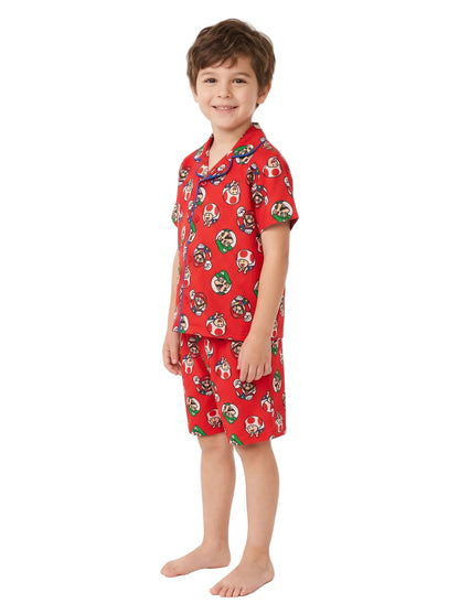 Super Mario Boys 2-Piece Short Sleeve Button-Front Pajama Set with Mario, Luigi and Toad Print, Red and Blue, Sizes 4-10