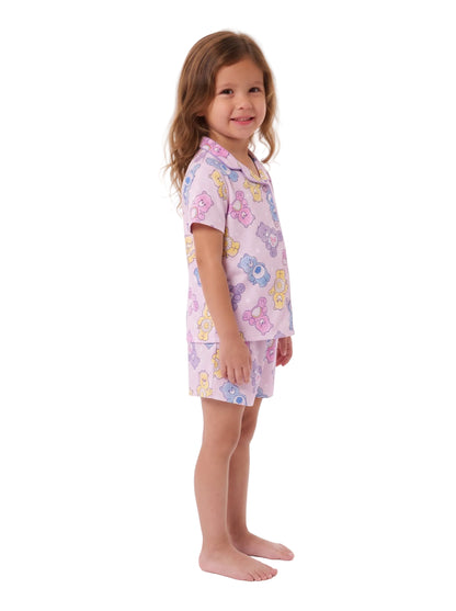 Care Bears Toddler Girls 2-Piece Pajama Set, Short Sleeve Button-Front Top and Shorts, Pink Lavender Character Print, Sleepwear, Sizes 2T-4T