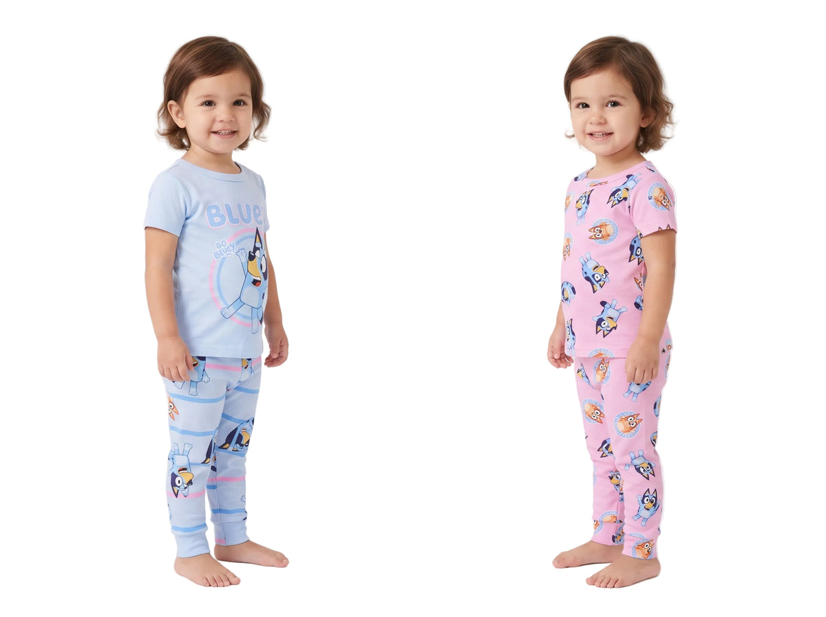 Bluey Toddler Girls 4-Piece Short Sleeve Pajama Set with Tops and Pants, Blue and Pink Character Print, Size 2T