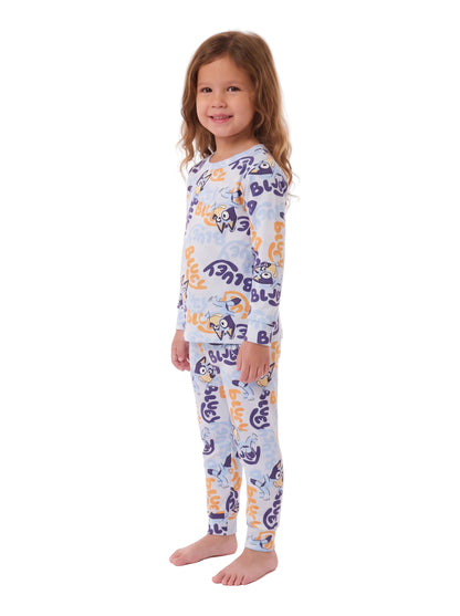 Bluey Unisex Toddler Pajama Set, 2-Piece Long Sleeve Top and Pants, Blue All-Over Character Print, Unisex Sleepwear, Sizes 12M-4T
