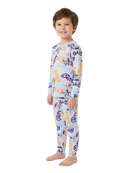 Bluey Unisex Toddler Pajama Set, 2-Piece Long Sleeve Top and Pants, Blue All-Over Character Print, Unisex Sleepwear, Sizes 12M-4T