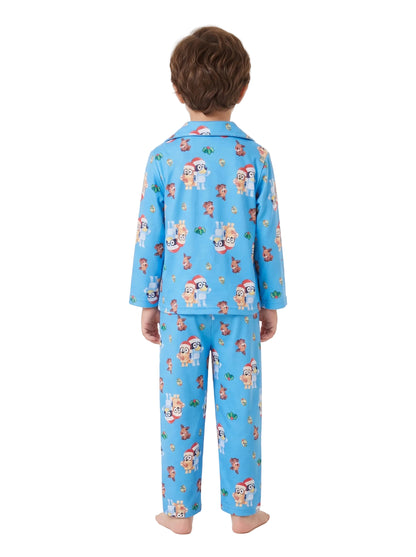 Bluey Kids Christmas Pajama Set Long Sleeve Button-Front Top and Elastic Waist Pants Blue Holiday Print Sleepwear Sizes 4-10