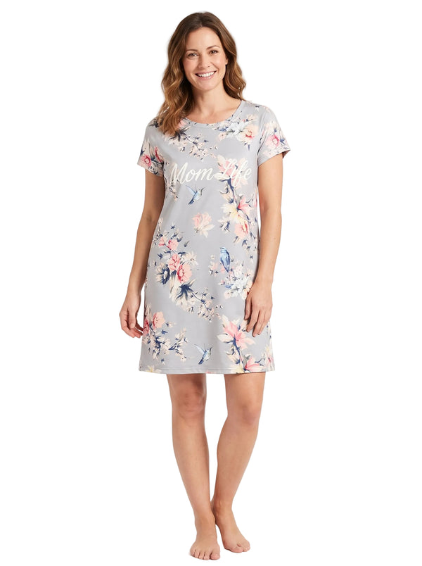 Dearfoams Women's Mom Life Floral Sleep Shirt Short Sleeve Nightgown Gray Polyester Spandex Stretch Sleepwear Sizes S to XL