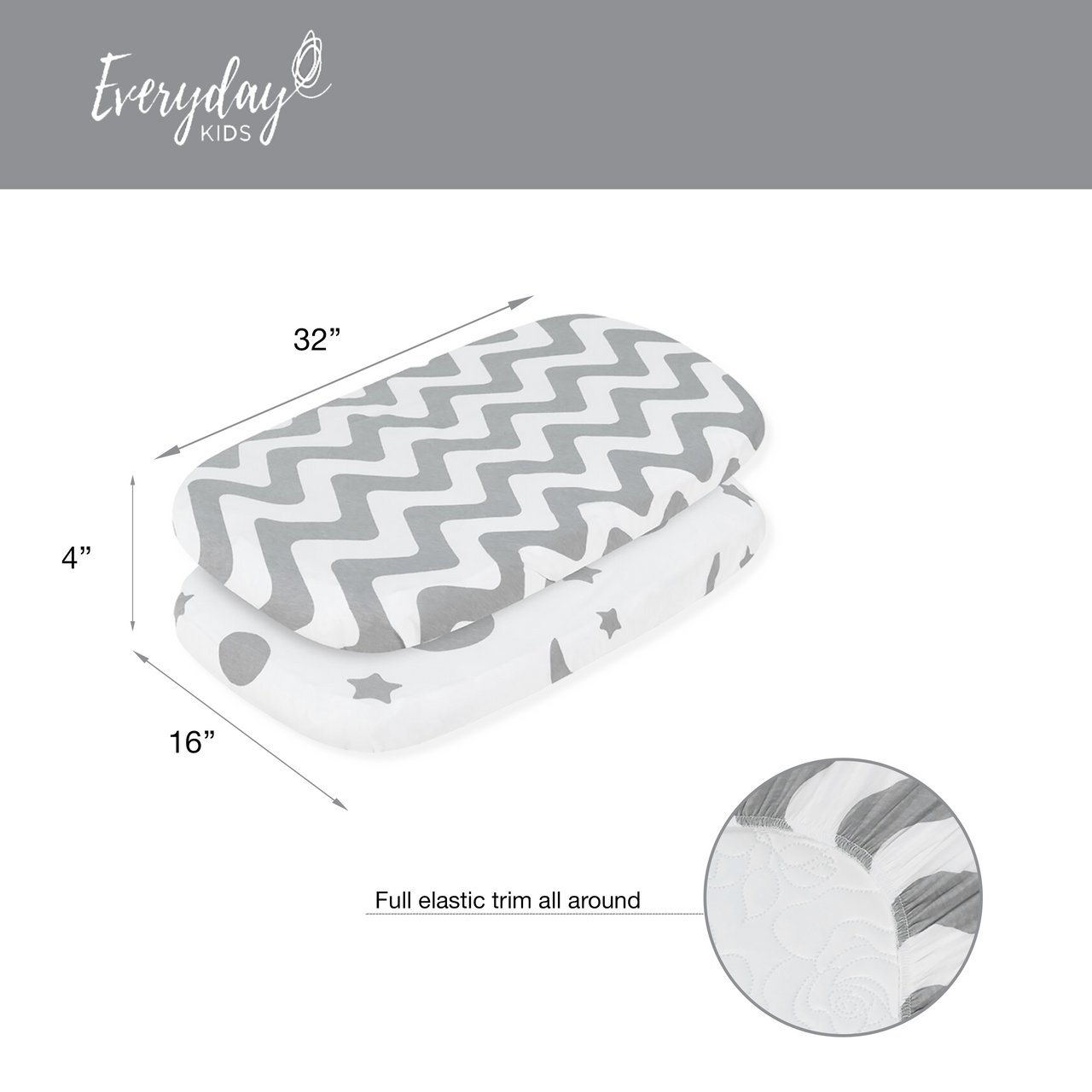 EVERYDAY KIDS 2 Pack Bassinet Sheet Set - Gray/White Chevron & Moon Stars