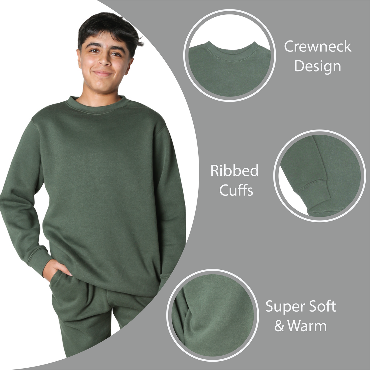 EVERYDAY KIDS Boys’ Fleece Green Crewneck Sweatshirt