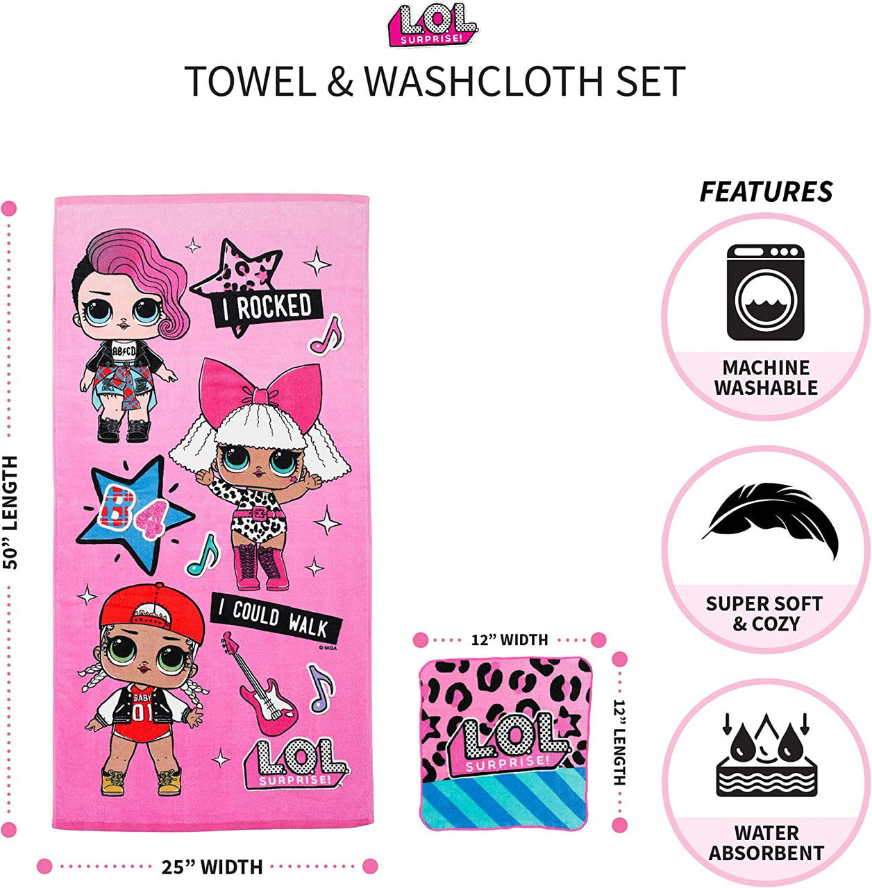 L.O.L Surprise! Kids Cotton Bath Towel and Wash Cloth Set